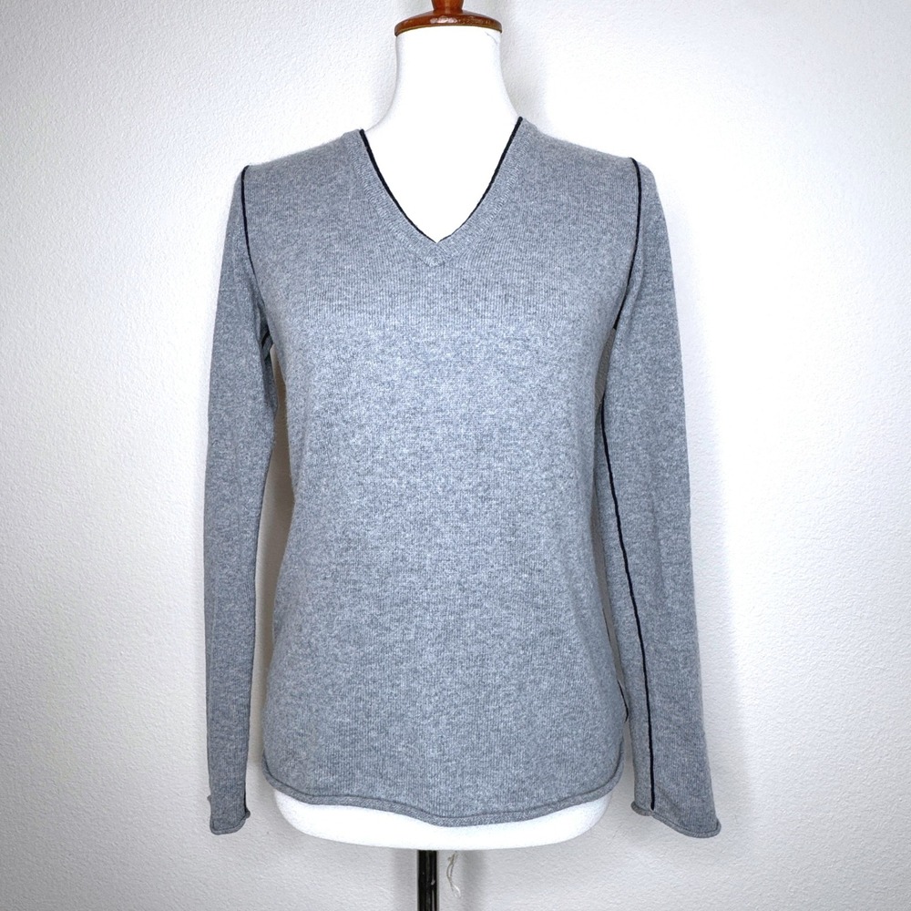 MAGASCHONI Cashmere V-neck Sweater SM Blue Gray w. Navy Trim Repaired Minimalist